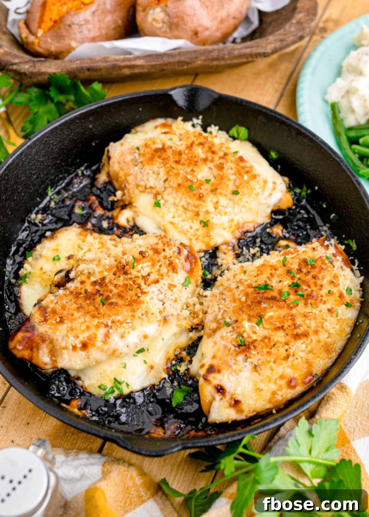 A cast iron skillet with Parmesan Crusted Chicken in it.