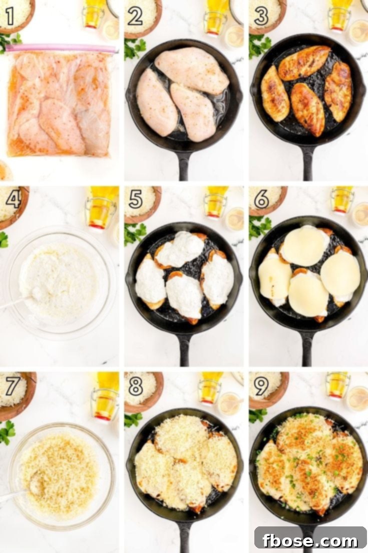 Step by step photo collage showing how to make parmesan crusted chicken.