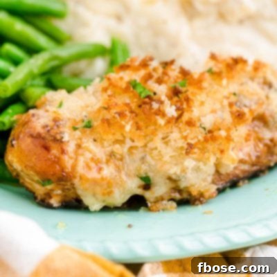 Close up photo of parmesan crusted chicken on a blue plate with mashed potatoes and green beans.