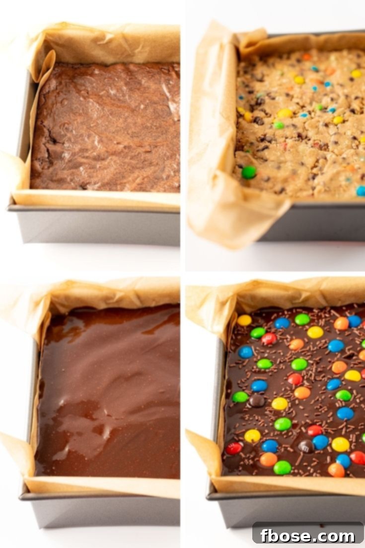 Step by step photo collage showing how to make monster cookie dough brownies.