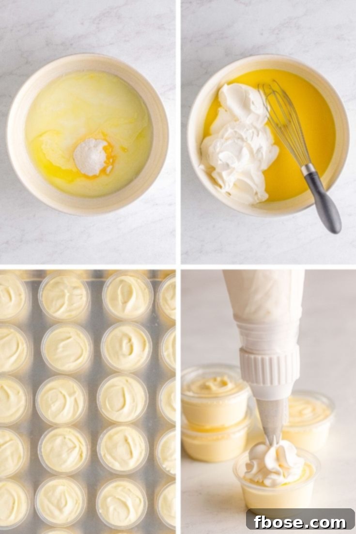 Step by step photo collage showing how to make banana split pudding shots, from mixing ingredients to finished product.