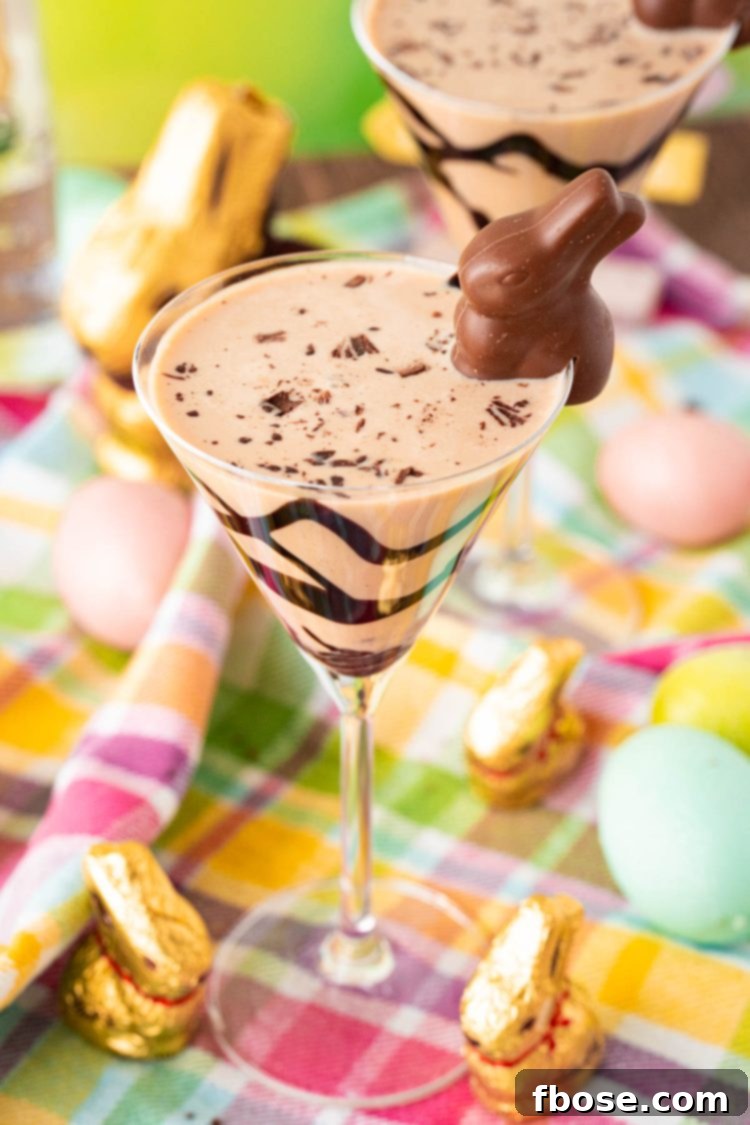 Chocolate martini garnished with a chocolate easter bunny. A truly festive Easter cocktail.