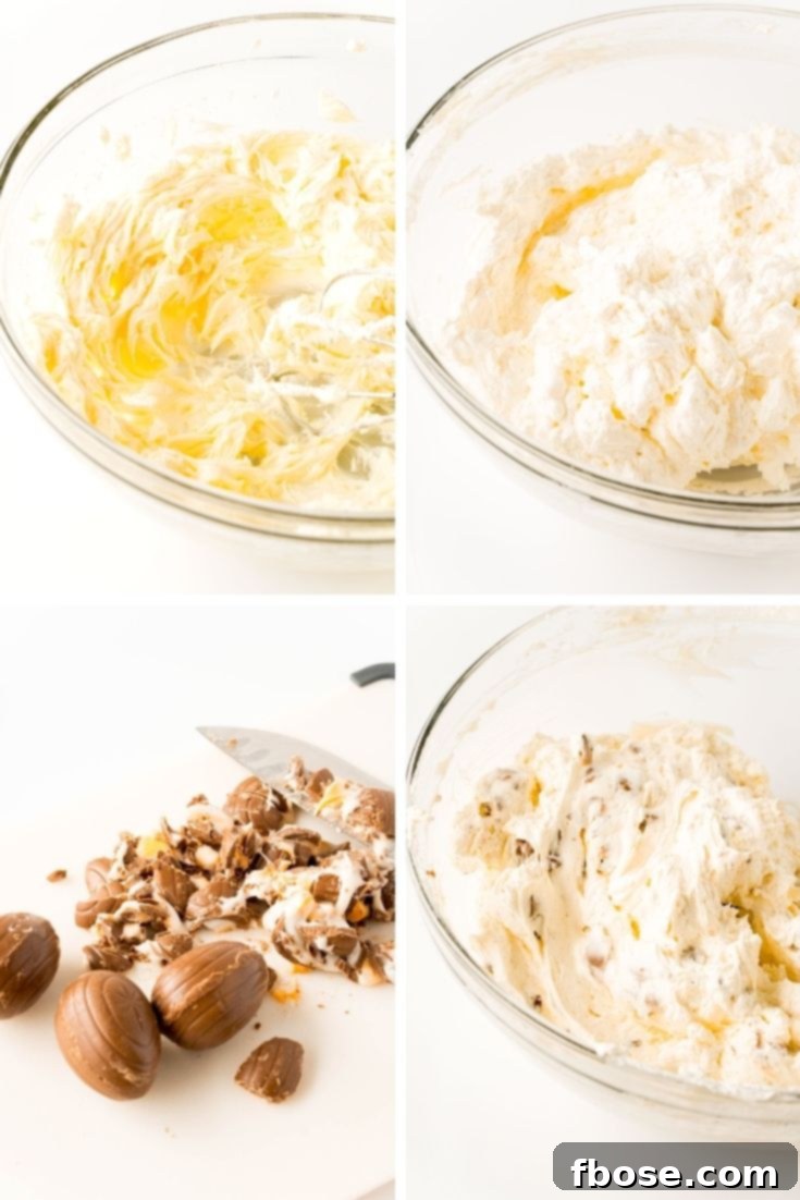 Step by step photo collage showing how to make creamy Cadbury Easter egg dip.