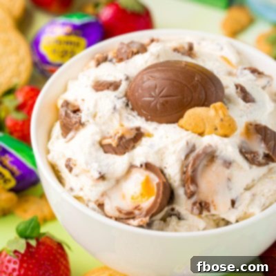 Close up photo of a bowl of cadbury creme egg dip.