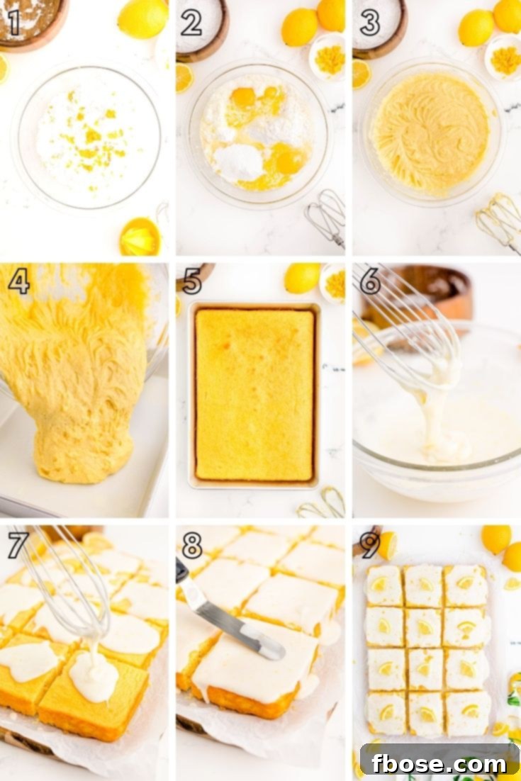 A step-by-step photo collage detailing the process of making an easy lemon sheet cake, from mixing ingredients to applying the glaze.