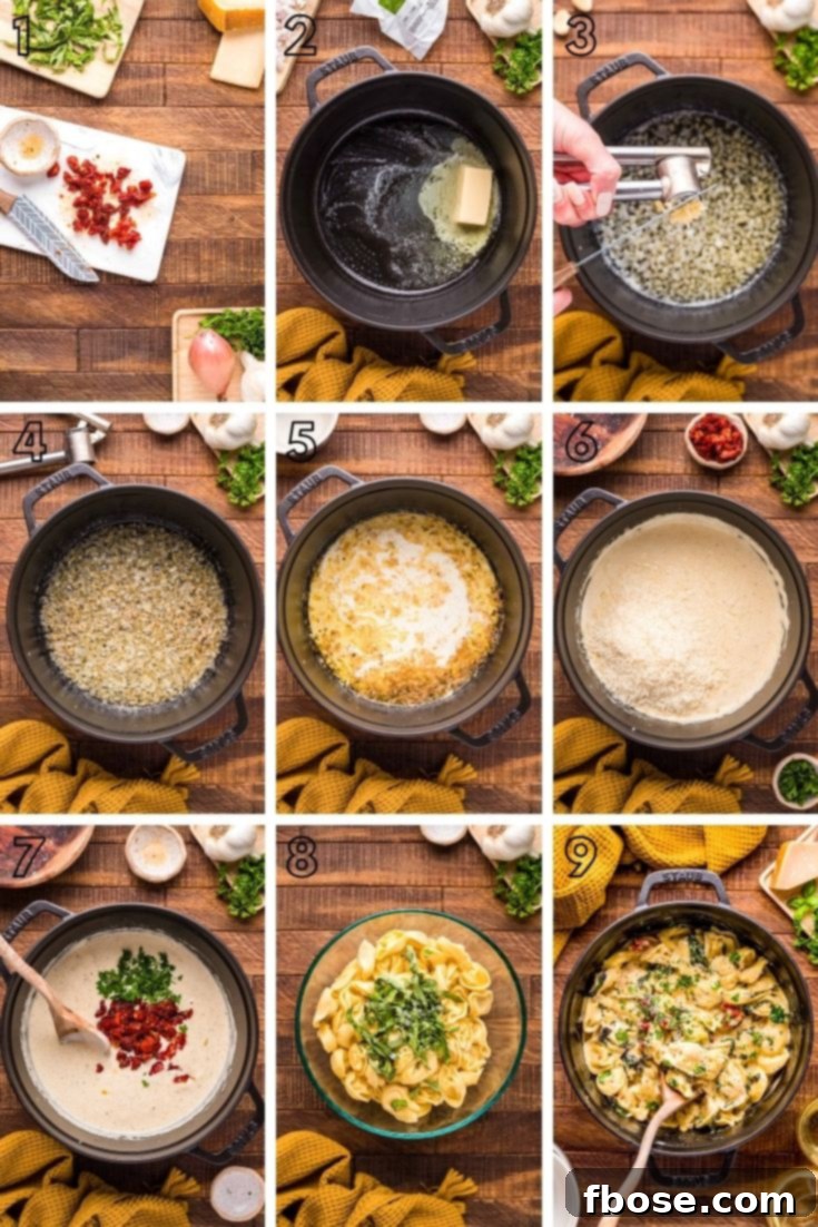 A step-by-step photo collage illustrating the process of preparing tortellini alla panna.