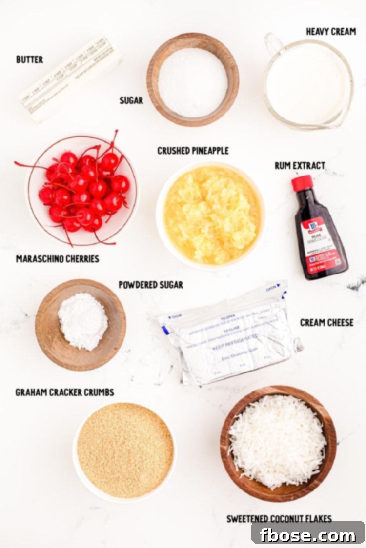 A flat lay photograph showcasing all the fresh ingredients required to make a delicious Pina Colada Pie, arranged neatly on a sleek marble surface.