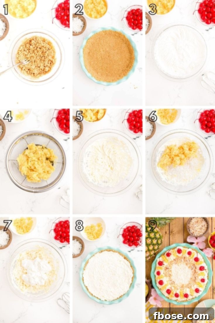 A photo collage illustrating the step-by-step process of making No Bake Pina Colada Pie, from preparing the crust to pouring the creamy filling.