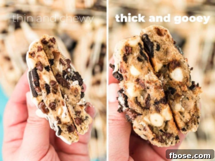 Photo collage showing the texture of thin and chewy of thick and gooey Oreo chocolate chip cookies, illustrating the difference.