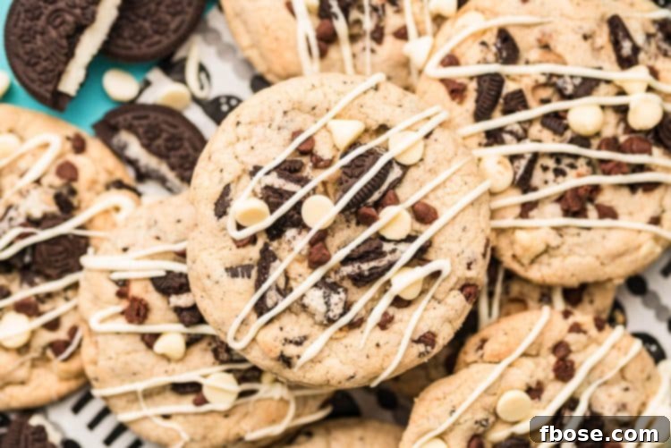 Overhead photo of chocolate chip oreo cookies neatly arranged on a plate, ready to be enjoyed.