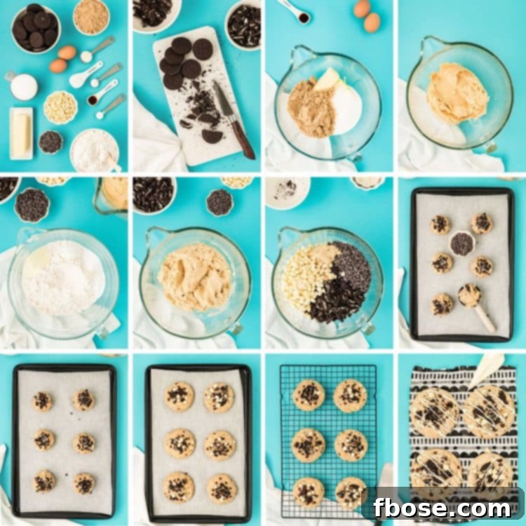 Step by step photo collage showing how to make Oreo Chocolate Chip Cookies from scratch, illustrating key stages of preparation.