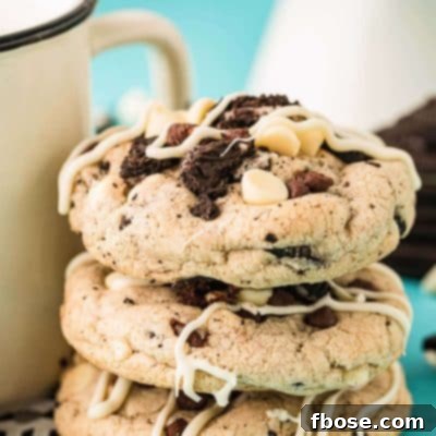 Chocolate chip oreo cookies stacked against a mug on a blue surface.