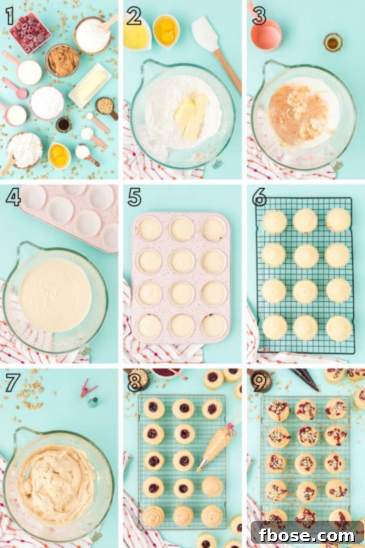 Step by step photo collage showing how to make peanut butter and jelly cupcakes from scratch, from ingredients to finished product.