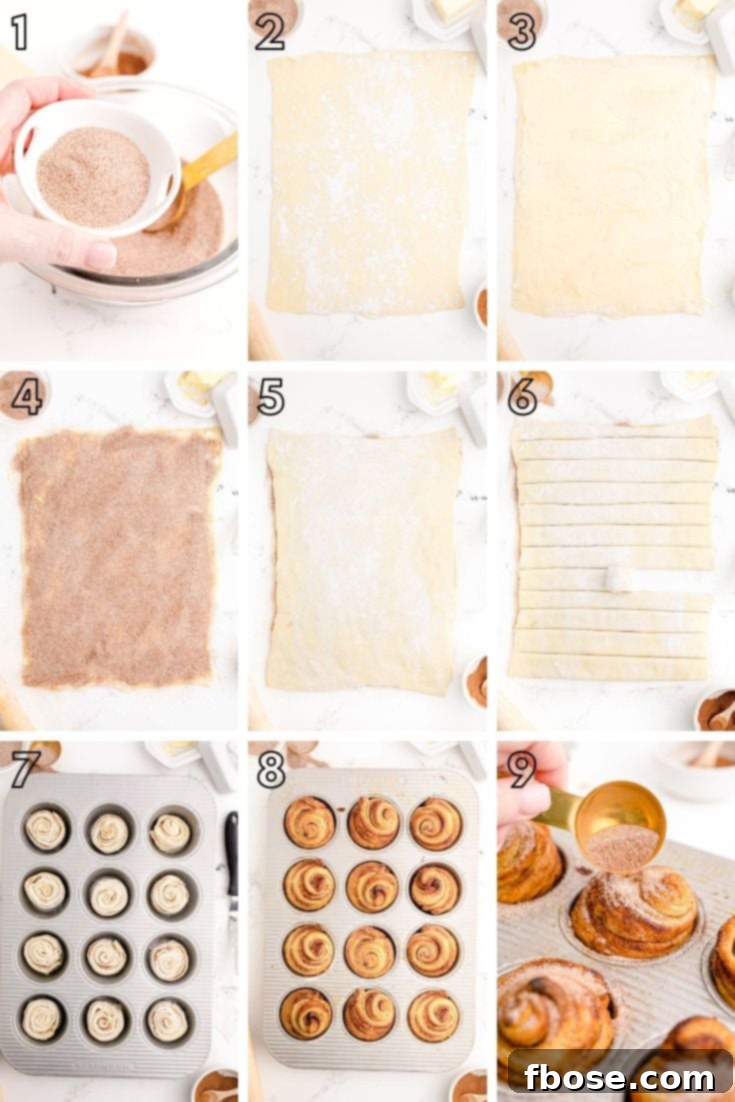 Step by step photo collage showing how to make homemade cruffins.