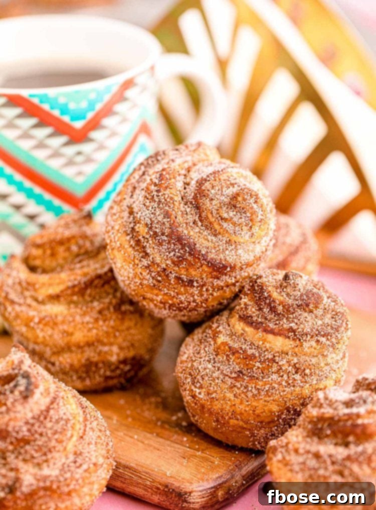 Cruffins stacked on a wooden cutting board with a mug of coffee in the background.