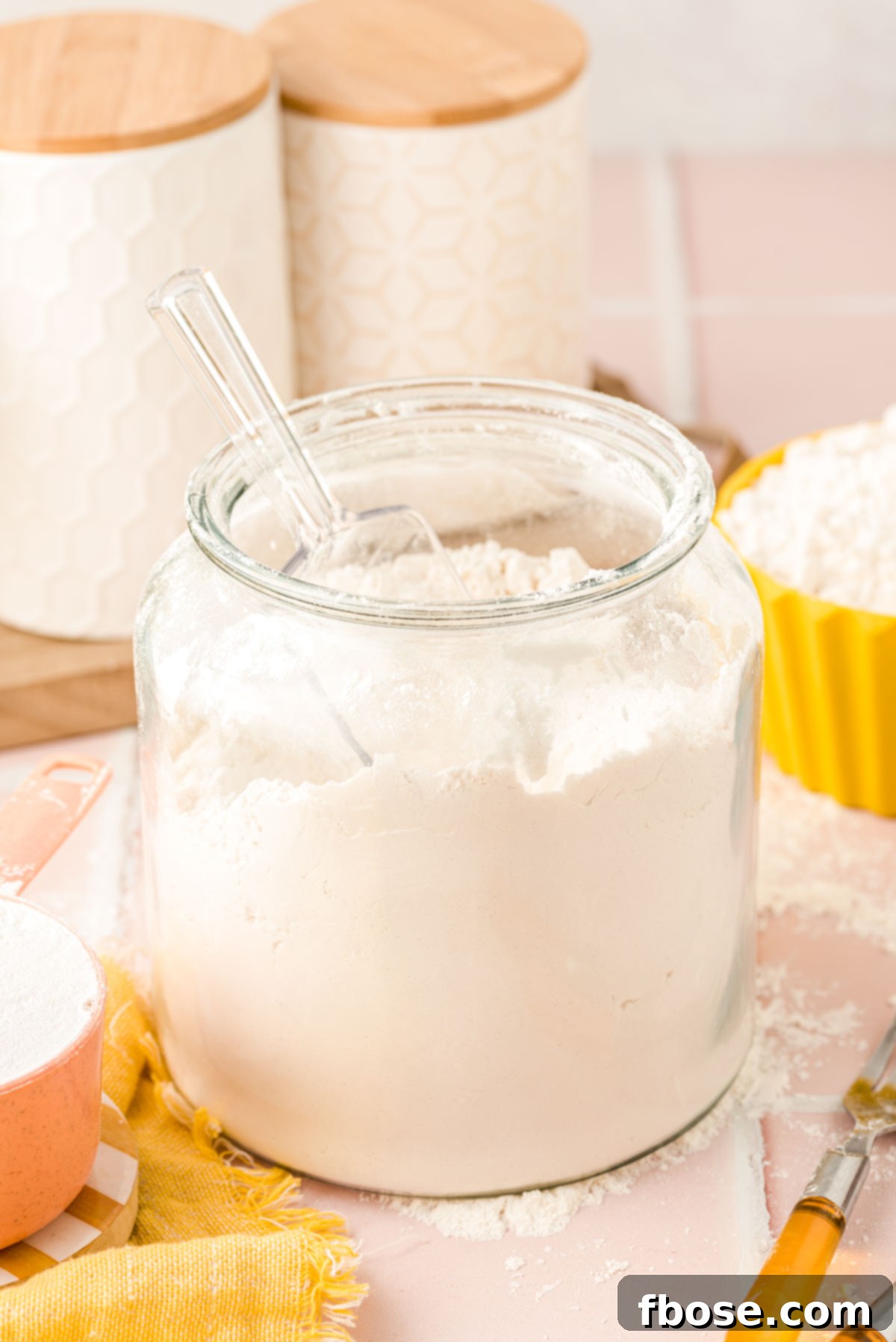 Flour stored in a large glass container, emphasizing proper storage for freshness.