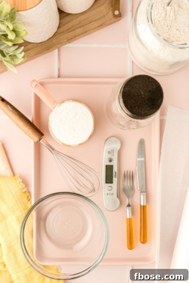 Tools needed to heat treat flour on a counter.
