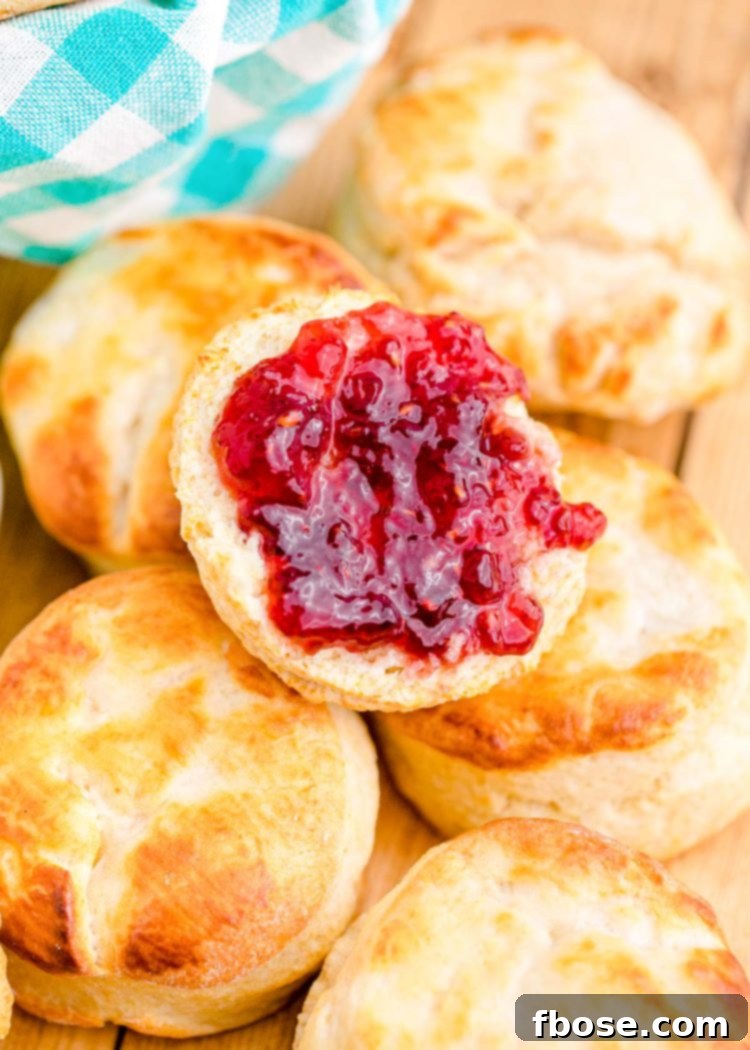 Jelly on a buttermilk biscuit piled on more biscuits on a wooden table.
