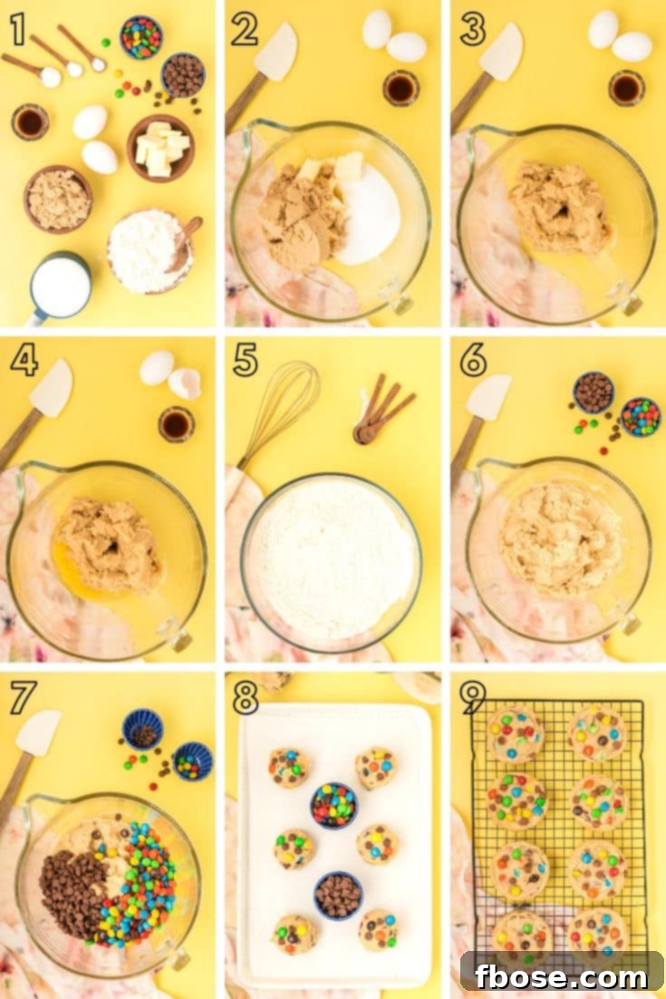 A step-by-step photo collage illustrating the process of making M&M chocolate chip cookies from scratch, from mixing ingredients to finished baked cookies.