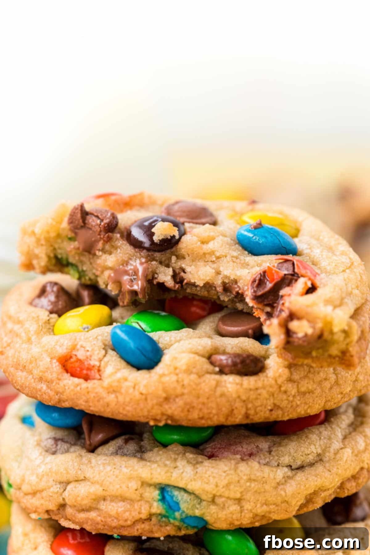 A close-up of a stack of M&M cookies, with the top cookie having a bite taken out of it, revealing its soft interior and colorful candies.