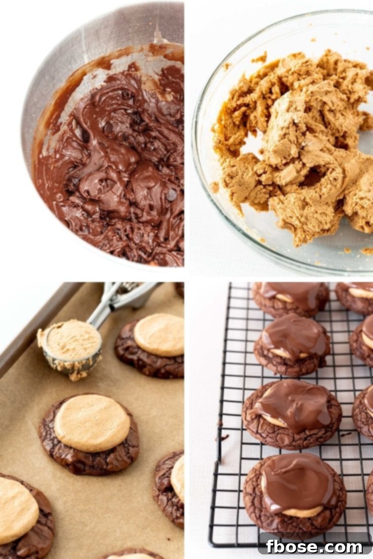 A detailed step-by-step photo collage illustrating the process of making Buckeye Brownie Cookies, from dough preparation to the final chocolate dip.