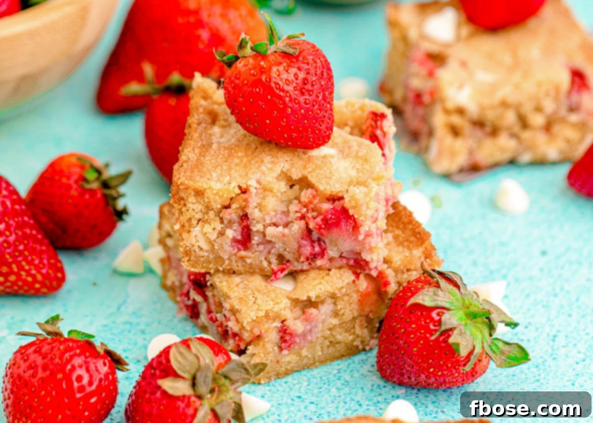Close up photo of two strawberry blondies stacked on top of each other on a blue surface.