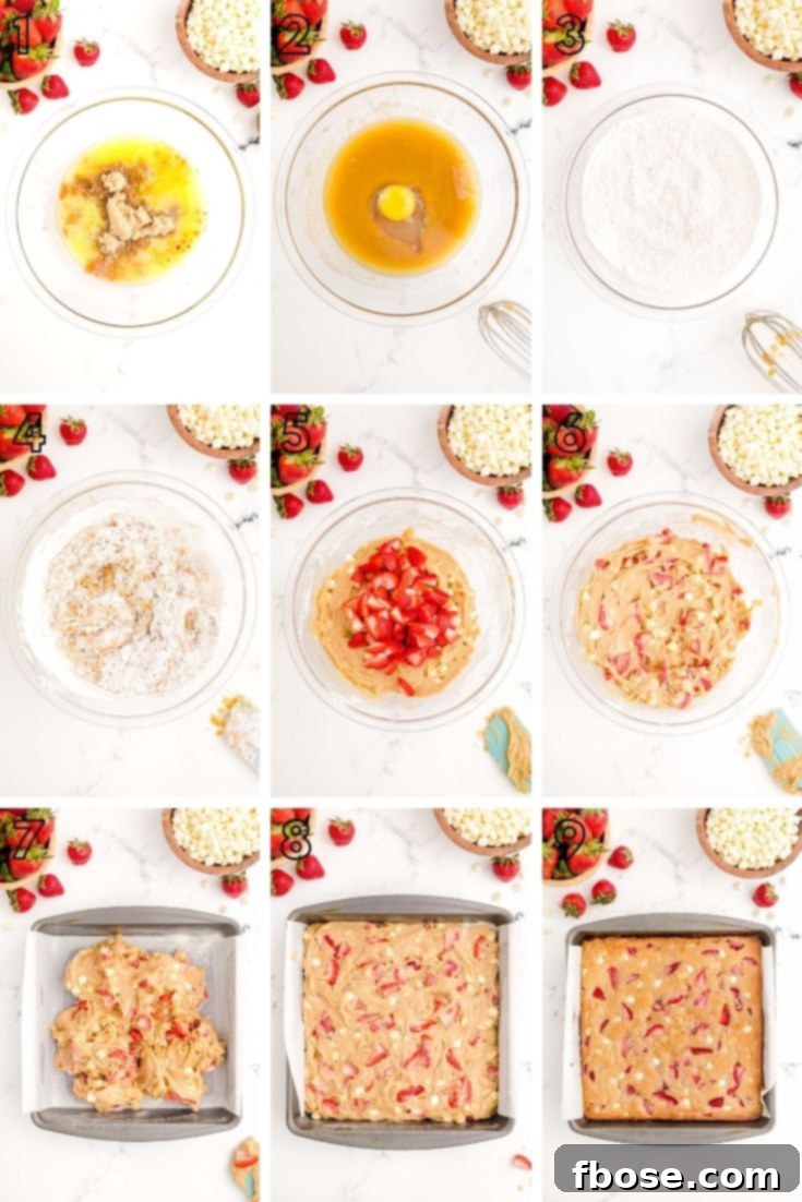 Step by step photo collage showing how to make strawberry blondies.