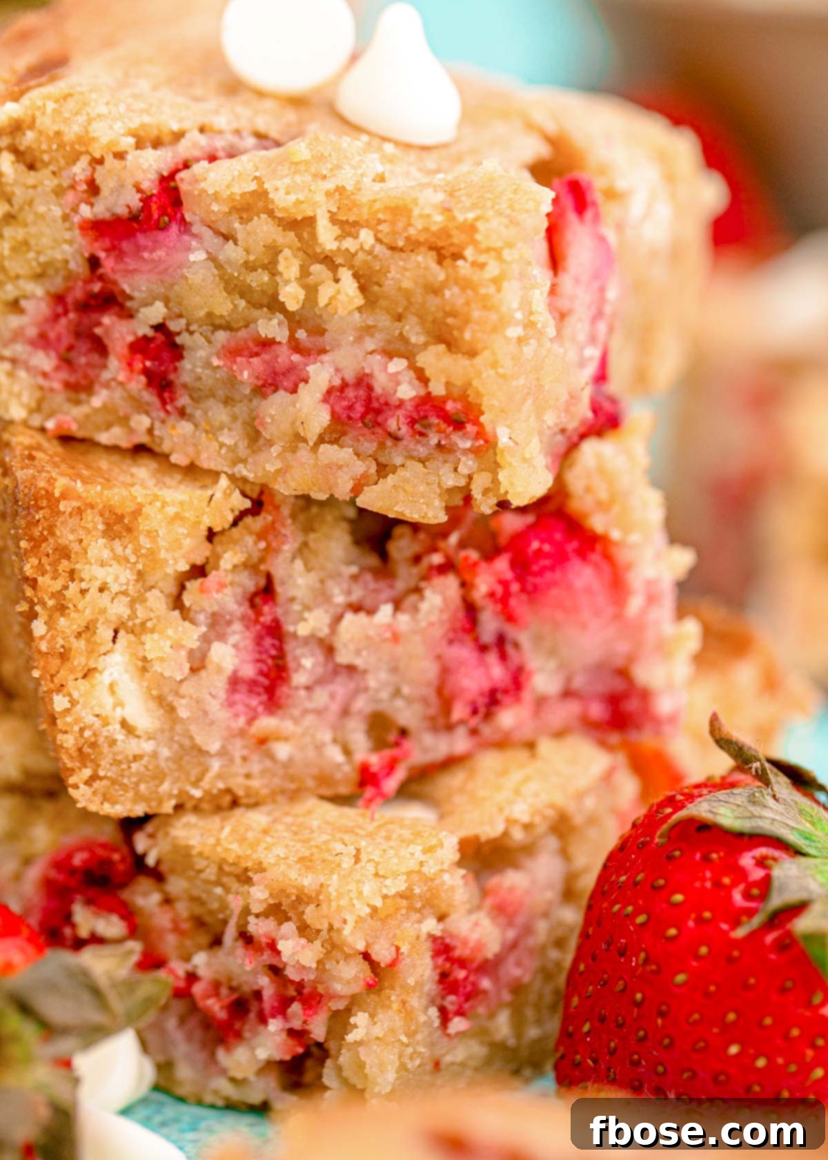 Close up photo of a stack of three strawberry blondies.