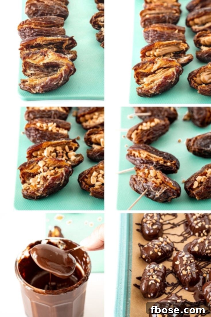 A step-by-step photo collage illustrating the process of making Snickers stuffed dates, from pitting to dipping and topping.