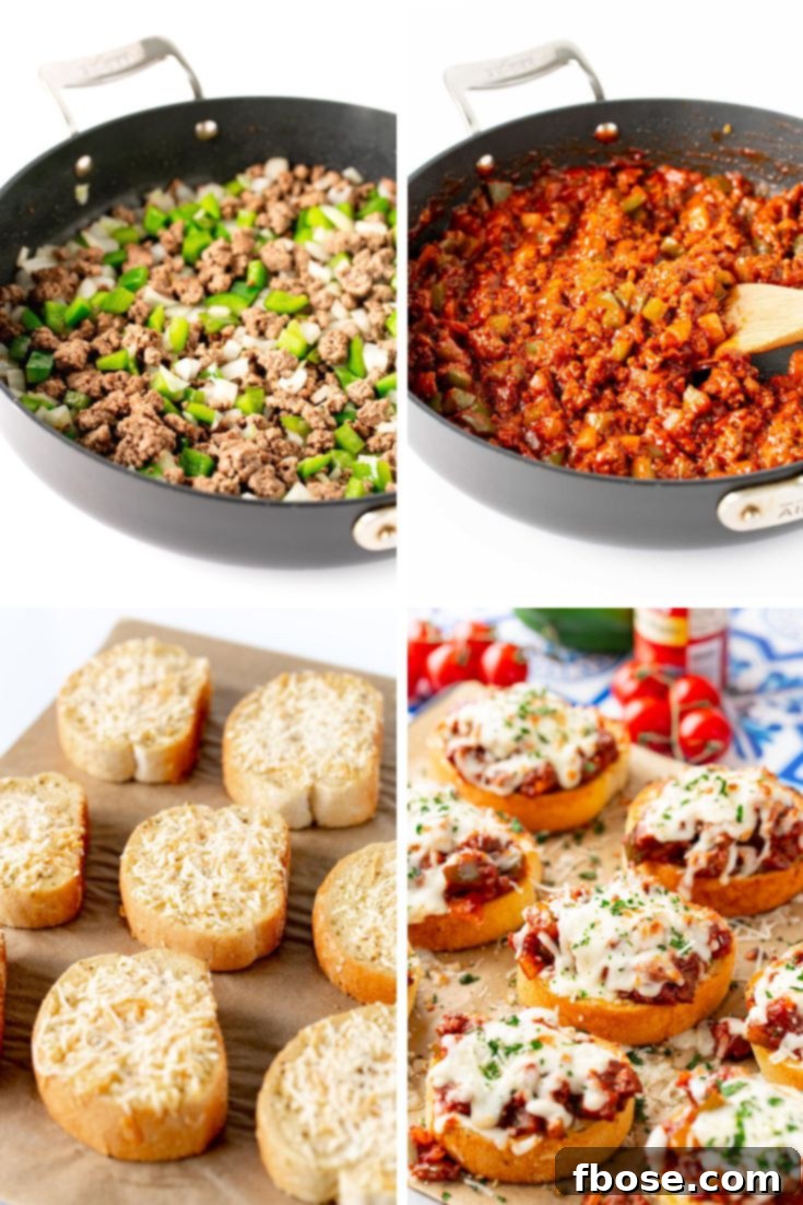 A step-by-step photo collage illustrating the process of making sloppy joes on Texas Toast, from cooking the beef to the final broiling.