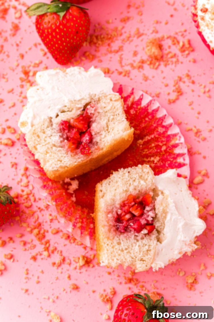 A strawberry filled cupcake that has been cut in half.