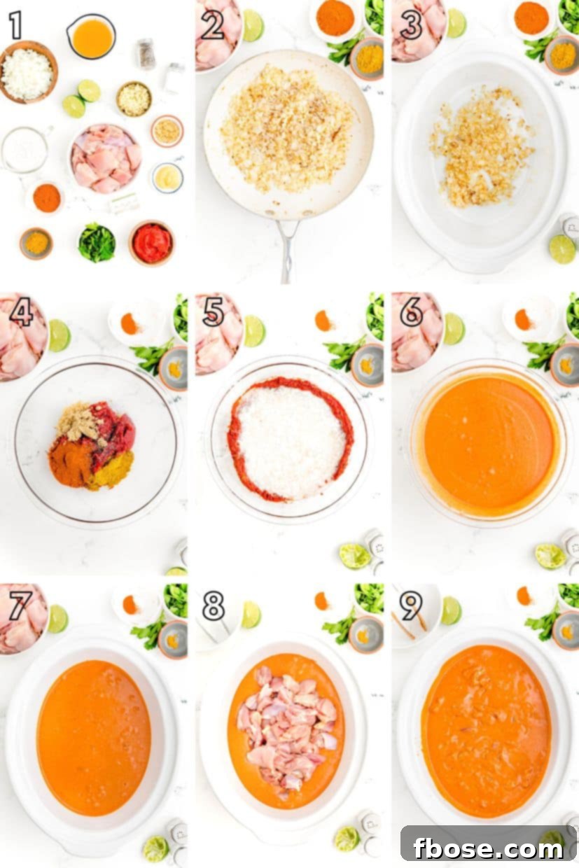 A step-by-step photo collage illustrating the process of making delicious butter chicken in a slow cooker.