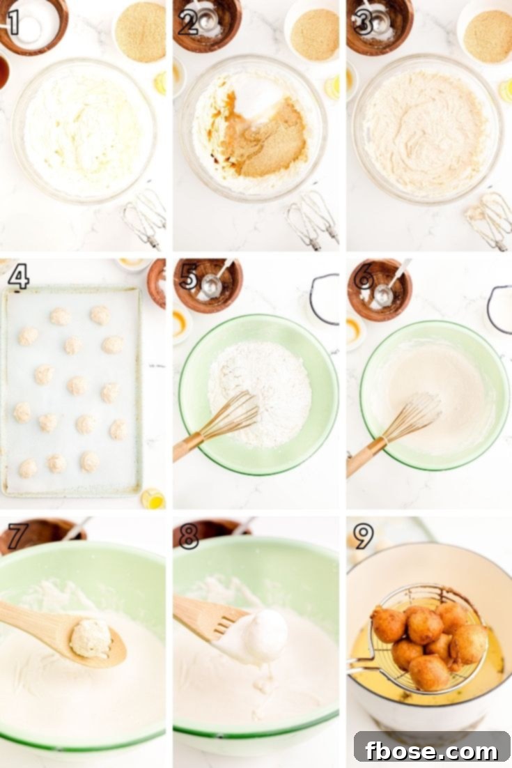 Step by step photo collage showing how to deep fry bites of cheesecake.