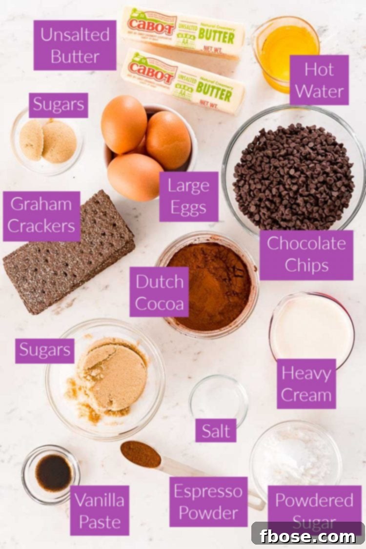 Photo with text overlay showing the ingredients for Mississippi mud pie, neatly arranged and ready for preparation.