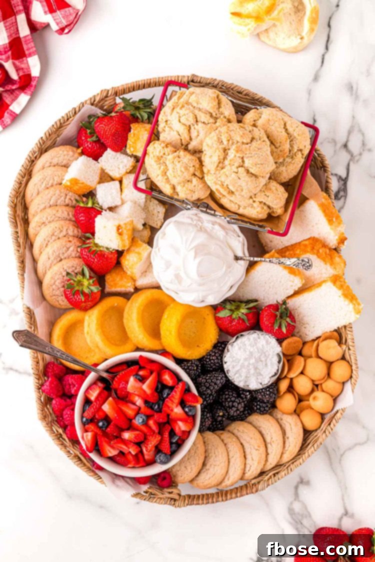 An overhead view of a beautifully arranged build-your-own shortcake charcuterie board, overflowing with fresh berries, various cakes and cookies, and bowls of whipped cream.