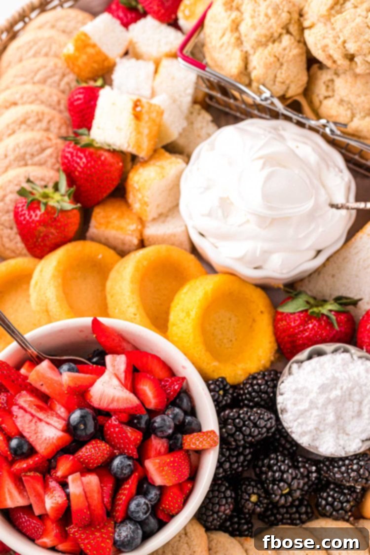 A close-up shot of ingredients for berry shortcakes meticulously arranged on a rustic wooden board, showcasing various fruits, cakes, and cookies.