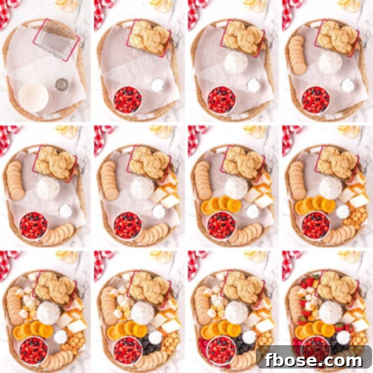 A step-by-step photo collage illustrating the process of assembling a build-your-own shortcake charcuterie board, showing the progression from laying out ingredients to the final full spread.