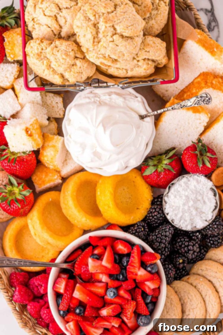 A festive overhead shot of a completed build-your-own shortcake charcuterie board, ready for guests to customize their desserts.
