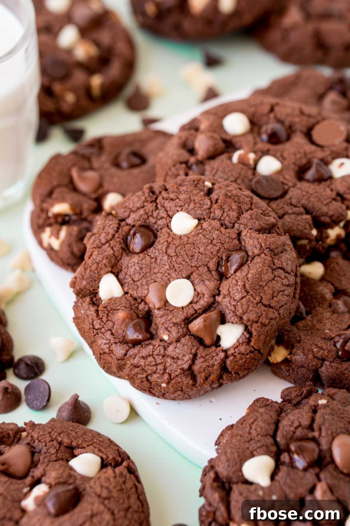 Triple chocolate chip cookies artfully arranged on a pristine white board, showcasing their rich color and generous chocolate chunks.