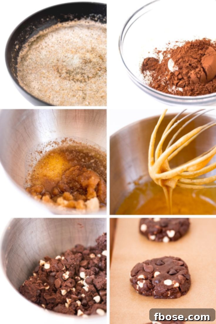 Step-by-step photos illustrating the process of making triple chocolate chip cookies, from mixing ingredients to forming dough balls.
