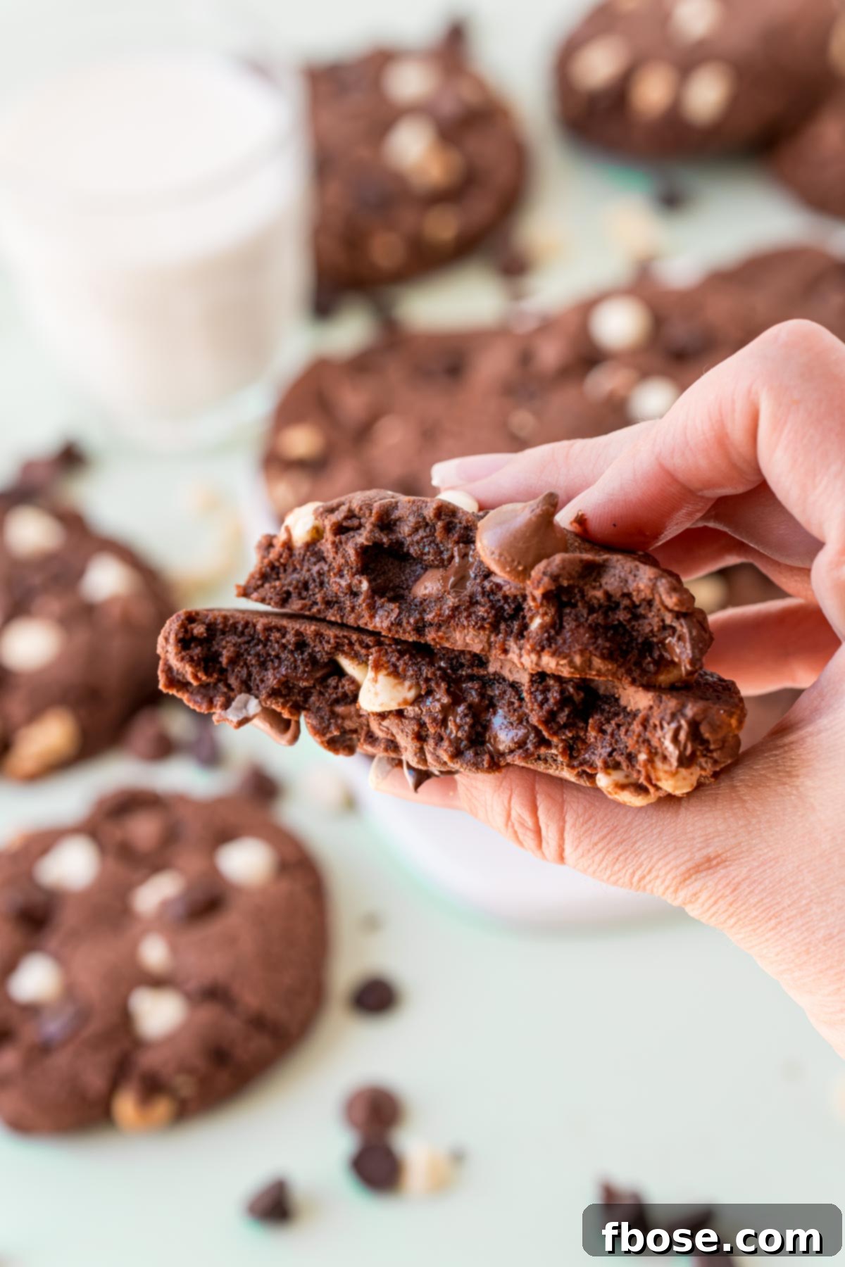 A triple chocolate chip cookie broken in half, held by a hand to reveal its gooey, chocolate-filled interior.