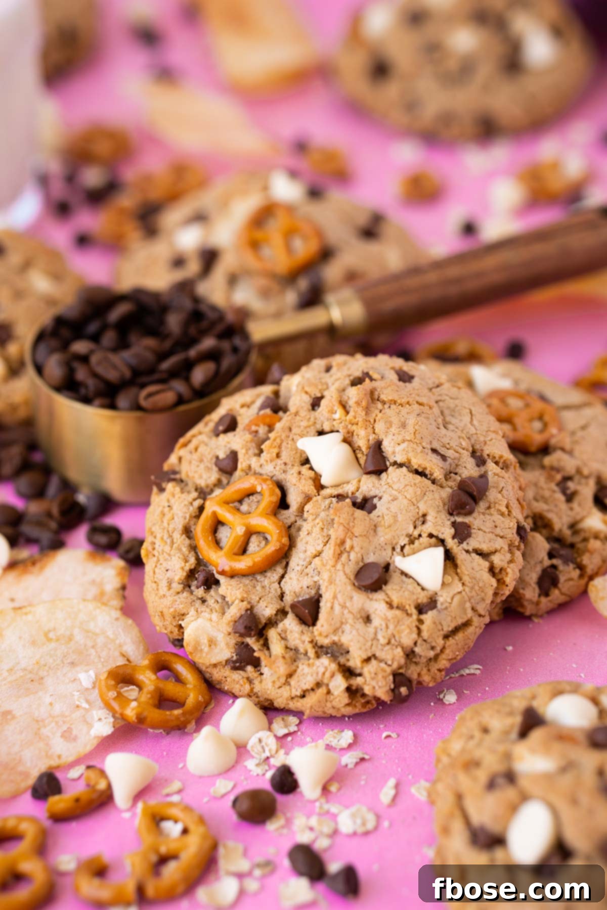 Compost cookies on a pink surface with ingredients all around them, emphasizing the variety.