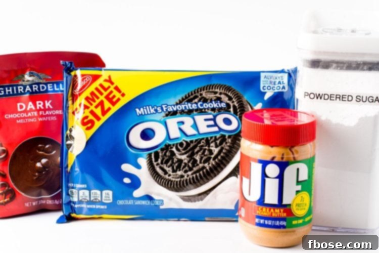 Ingredients to make Oreo Peanut Butter Balls on a white table.