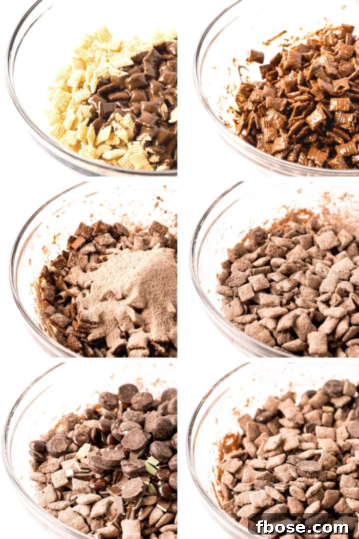 No-Bake Mint Chocolate Muddy Buddies 4 Step by step photo collage showing how to make mint chocolate muddy buddies.