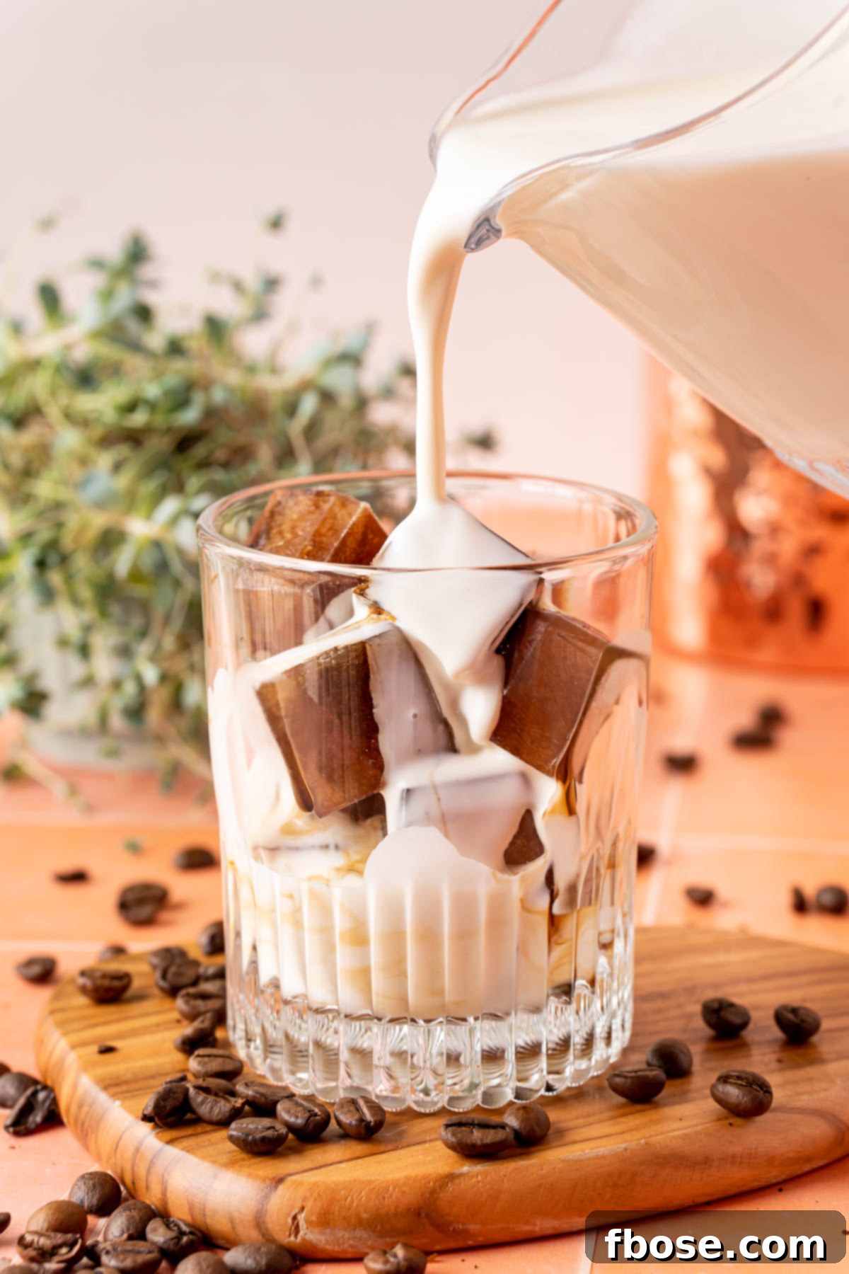 Caffeine Cubes 4 A small pitcher pouring milk into a glass with coffee ice cubes, creating a delicious layered effect.