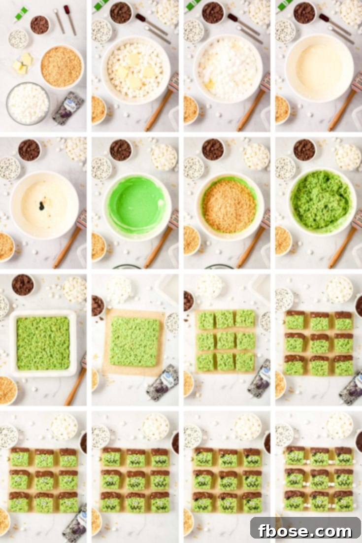 Step by step photo collage showing how to make Frankenstein rice krispie treats.