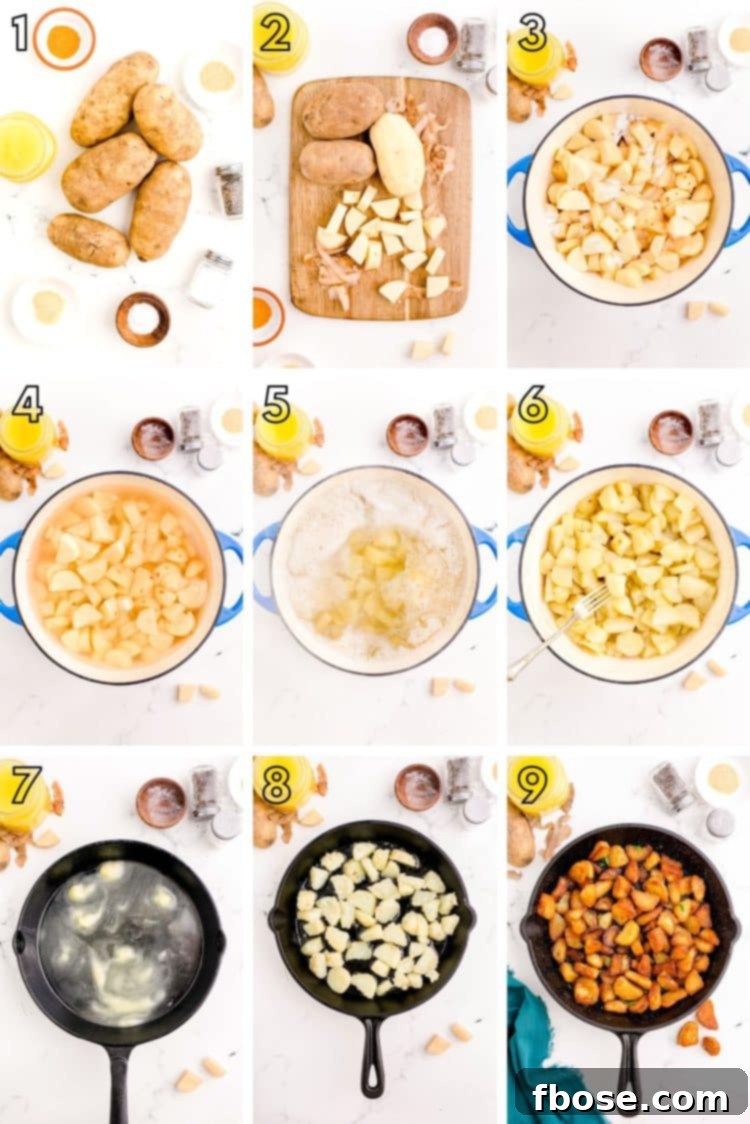 Step by step photo collage showing how to make duck fat potatoes.