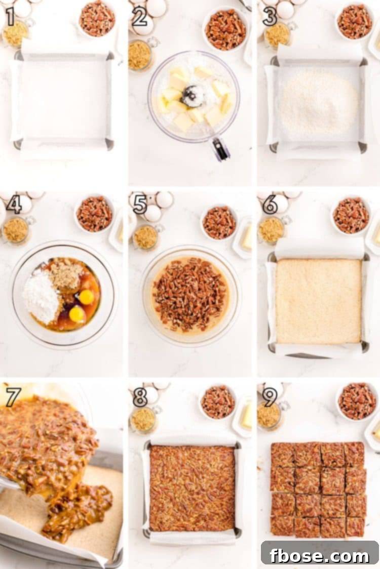 Step by step photo collage illustrating how to prepare pecan pie bars, from crust to finished product.