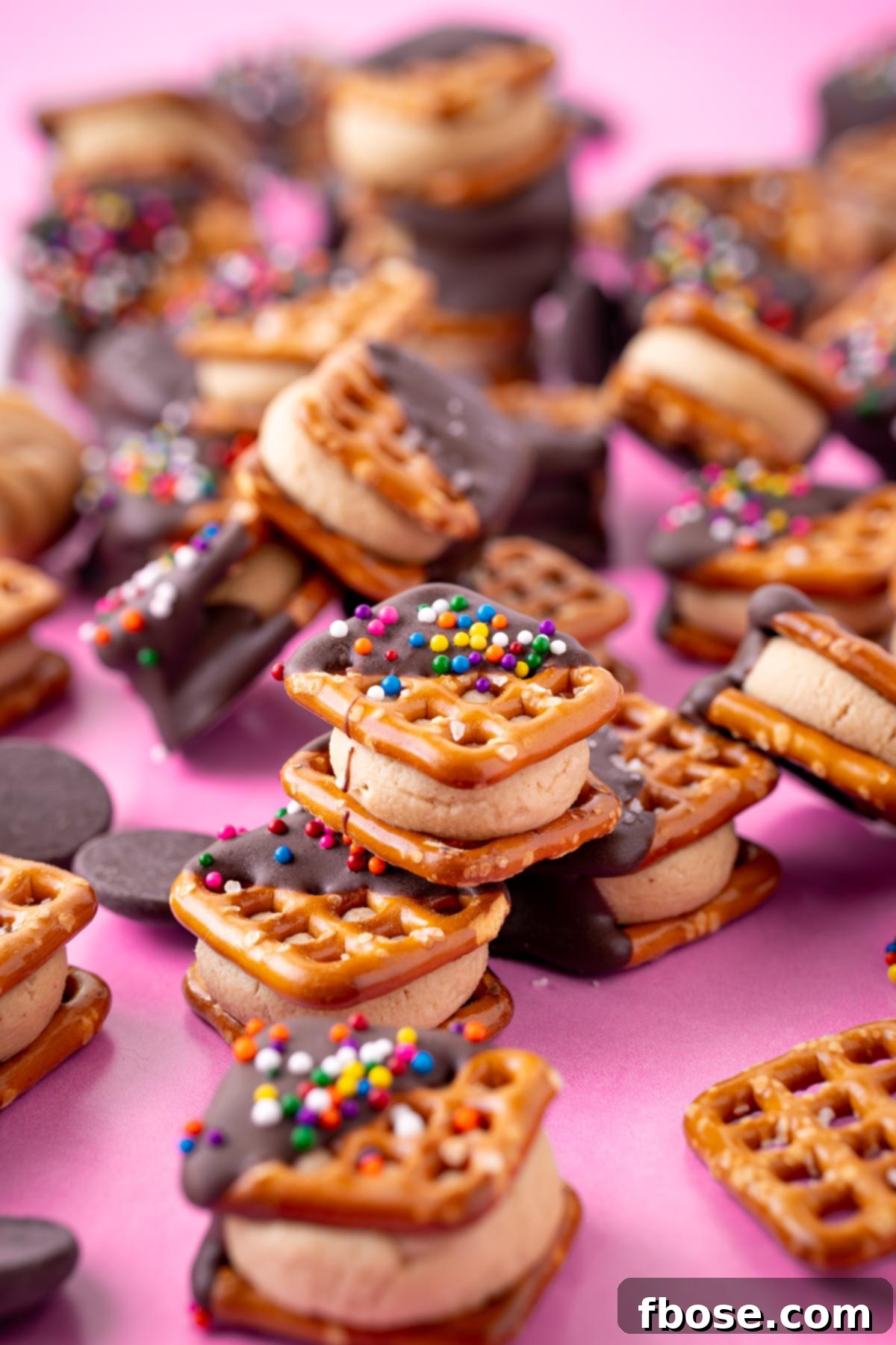 Peanut butter pretzel bites on a pink surface.