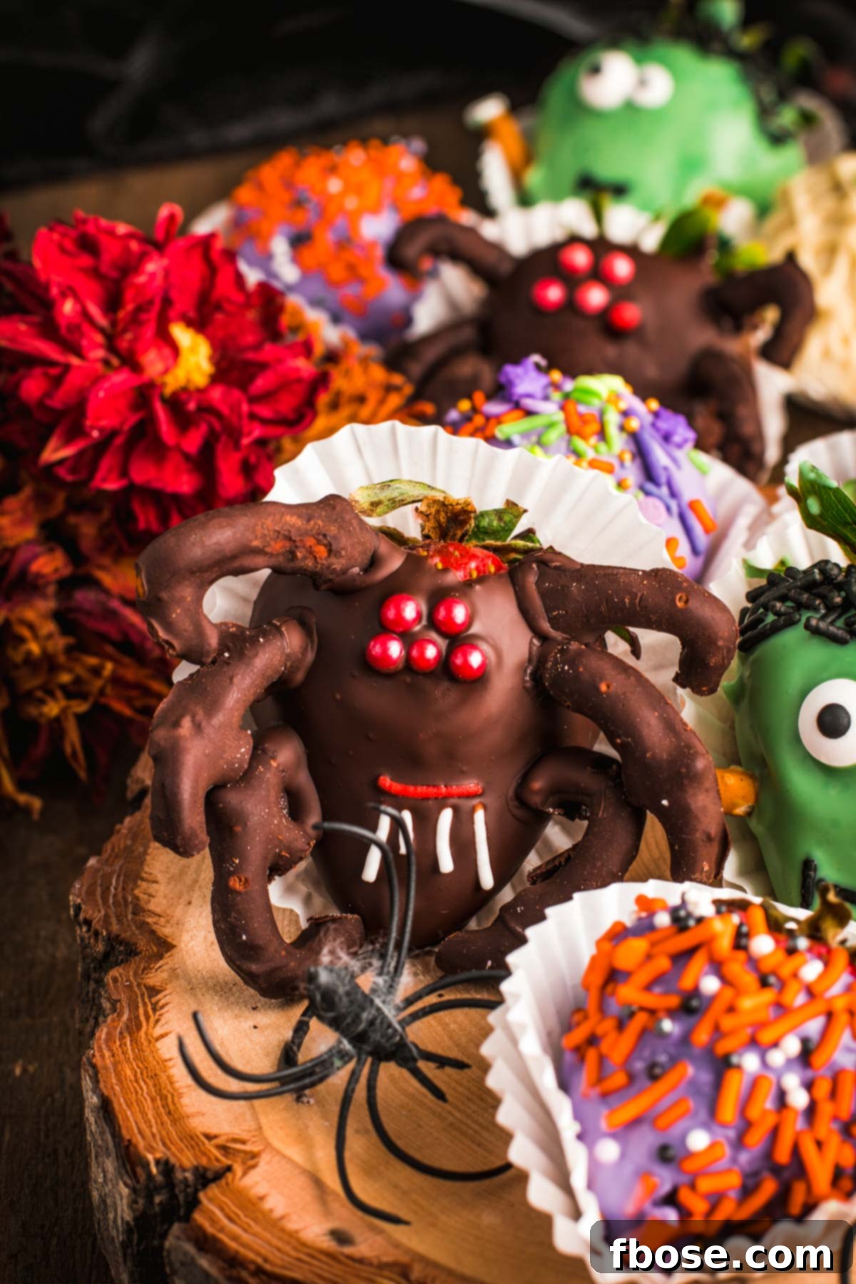 Halloween decorated strawberries - close u of a spider strawberry.